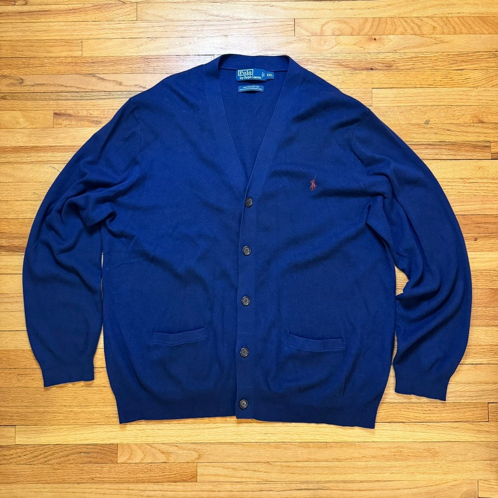 Polo Ralph Lauren Mens XXL Navy Blue Pima Cotton Button Cardigan Sweater Pony
